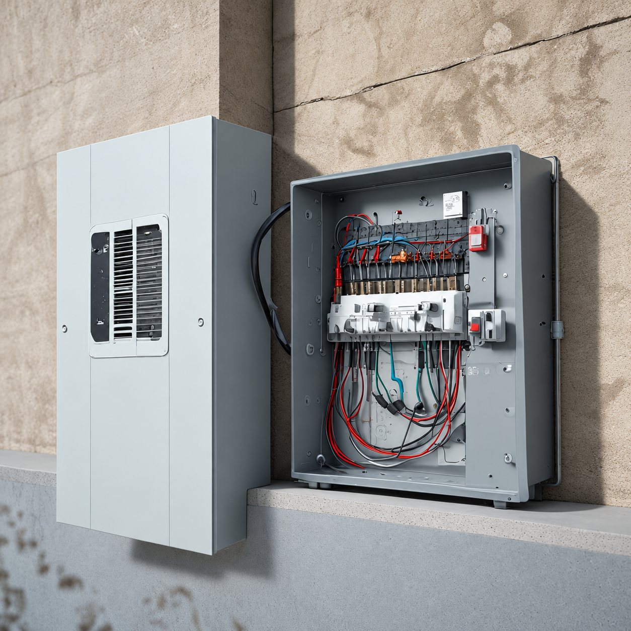 Un tableau électrique gris ouvert laissant voir ses disjoncteurs et ses fils colorés, posé près d’un coffret fermé contre un mur en béton.
