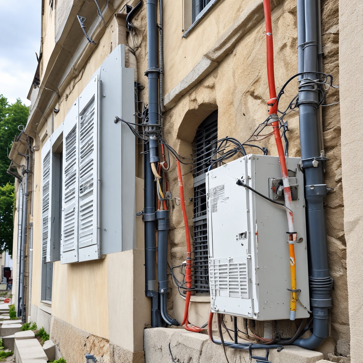 Façade ancienne en pierre avec volets gris, un coffret électrique blanc fixé au mur, des câbles et des tuyaux de descente apparents.