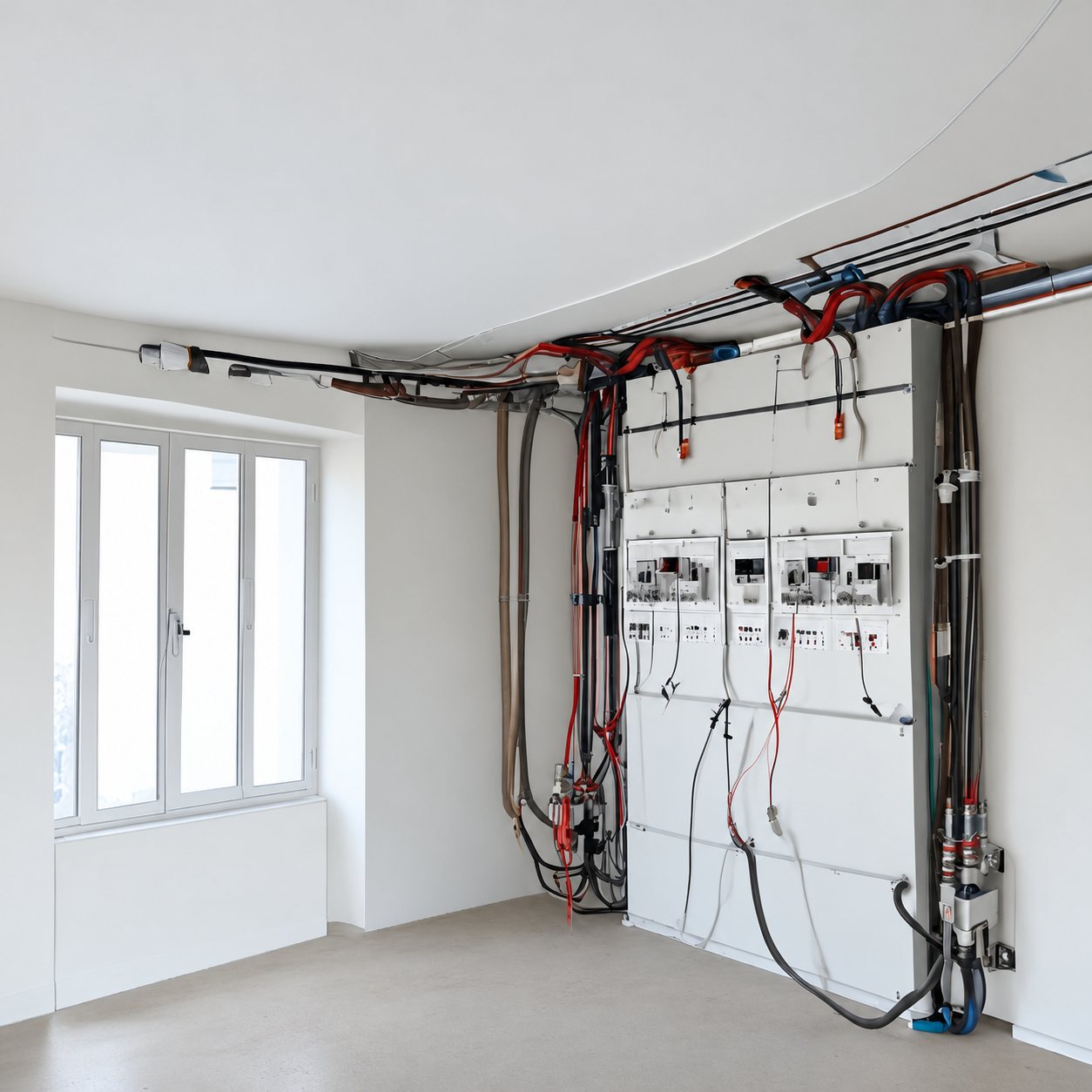 Un tableau électrique blanc fixé au mur, entouré de câbles et de gaines apparents, dans une pièce vide près d’une fenêtre.
