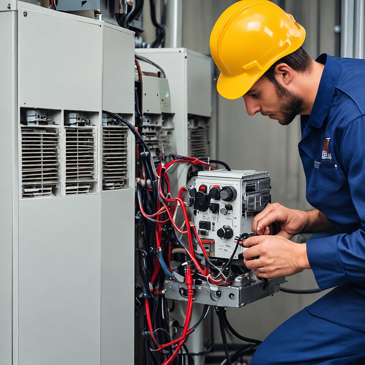 Un technicien en bleu de travail et casque jaune intervient sur un boîtier électrique aux nombreux câbles rouges et noirs, à côté de grandes armoires métalliques.